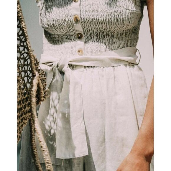 NEW FAITHFULL THE BRAND Sz 4 S LAIS SMOCKED BELTED LINEN STRAPLESS JUMPSUIT BONE - Picture 2 of 4